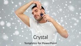  Presentation with shaving - Presentation theme having beauty grooming winter christmas and people concept - smiling young man shaving beard with trimmer or electric shaver over snow on gray background background and a light gray colored foreground