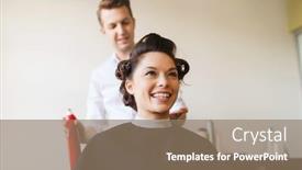  Presentation with hair salon - Amazing PPT theme having beauty hairstyle and people concept - happy young woman with hairdresser with hair spray fixating hairdo at salon backdrop and a coral colored foreground