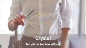  Presentation with salon - Amazing presentation design having beauty hairstyle and people concept -close up of male stylist with scissors at salon backdrop and a violet colored foreground