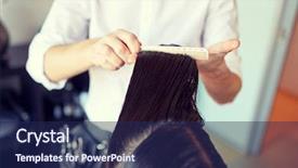  Presentation with hair salon - Audience pleasing presentation theme consisting of beauty hairstyle and people concept - close up of male stylist hands combing wet hair at salon backdrop and a navy blue colored foreground