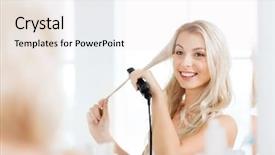  Presentation with iron - Cool new slides with beauty hairstyle morning and people concept - smiling young woman with styling iron straightening her hair and looking to mirror at home bathroom backdrop and a sky blue colored foreground