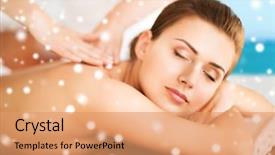  Presentation with blue spa - Colorful PPT theme enhanced with beauty health holidays people and spa concept - beautiful young woman in spa salon getting massage over blue sky and sea background backdrop and a coral colored foreground