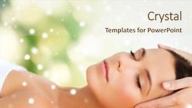  Presentation with green beauty - Slides with beauty health holidays people and spa concept - beautiful woman in spa salon getting face or head massage over green background background and a cream colored foreground