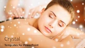  Presentation with beauty salon - Theme with beauty health people and spa concept - beautiful woman in spa salon getting hot stones massage background and a coral colored foreground