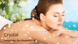  Presentation with spa concept - Slides consisting of beauty health people and spa concept - beautiful woman in spa salon getting hot stones massage over natural background background and a coral colored foreground