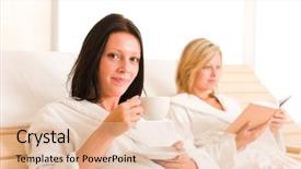  Presentation with women health - Theme having beauty health spa treatment two women relax sun-beds coffee book background and a lemonade colored foreground