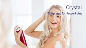  Presentation with hygiene - Cool new presentation theme with beauty hygiene hairstyle morning and people concept - smiling young woman with hairspray styling her hair and looking to mirror at home bathroom backdrop and a sky blue colored foreground