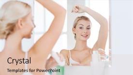  Presentation with hygiene - Slide deck consisting of beauty hygiene morning and people concept - smiling young woman applying antiperspirant or stick deodorant and looking to mirror at home bathroom background and a lemonade colored foreground