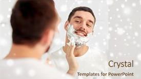  Presentation with hygiene - PPT layouts with beauty hygiene shaving grooming and people concept - smiling young man looking to mirror and applying shaving foam to face at home bathroom over snow background and a lemonade colored foreground