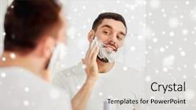  Presentation with hygiene - Audience pleasing PPT layouts consisting of beauty hygiene shaving grooming and people concept - smiling young man looking to mirror and applying shaving foam to face at home bathroom over snow backdrop and a lemonade colored foreground