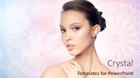  Presentation with serenity - Colorful presentation design enhanced with beauty jewelry accessories people and luxury concept - face of beautiful young asian woman with golden ring over rose quartz and serenity patterned background backdrop and a lemonade colored foreground