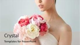  Presentation with peony flower - Amazing PPT theme having beauty jewelry people and luxury concept - beautiful asian woman or bride in white dress with peony flower golden ring and bracelet backdrop and a coral colored foreground