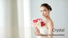  Presentation with peony flower - Colorful theme enhanced with beauty jewelry people and luxury concept - beautiful asian woman or bride in white dress with peony flower golden ring and bracelet backdrop and a lemonade colored foreground