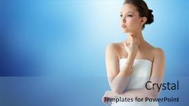  Presentation with golden wedding - Beautiful presentation design featuring beauty jewelry wedding accessories people and luxury concept - beautiful asian woman in white dress or bride with golden bracelet over blue background backdrop and a light blue colored foreground