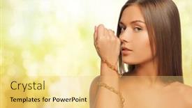  Presentation with golden lights - Slide deck featuring beauty luxury people holidays and jewelry concept - beautiful woman with golden chainlet over hand yellow lights background background and a yellow colored foreground