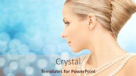  Presentation with blue lights - Audience pleasing presentation theme consisting of beauty luxury people holidays and jewelry concept - beautiful woman with sea pearl necklace or beads over blue lights background backdrop and a lemonade colored foreground