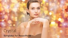  Presentation with ring diamond jewelry - Slides with beauty luxury people holidays and jewelry concept - beautiful woman with diamond ring and earrings over lights background background and a coral colored foreground