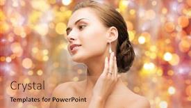  Presentation with ring diamond jewelry - Presentation design with beauty luxury people holidays and jewelry concept - beautiful woman with diamond ring and earrings over lights background background and a coral colored foreground