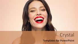  Presentation with lipstick - Colorful presentation theme enhanced with beauty make up and people concept - happy laughing young woman with red lipstick over beige background backdrop and a coral colored foreground
