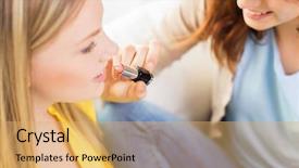  Presentation with cosmetics beauty - Theme with beauty make up cosmetics and people concept - close up of smiling young woman face and visagist or friend applying lipstick background and a yellow colored foreground