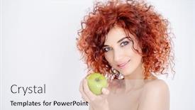  Presentation with cosmetics natural - Slide deck with beauty natural cosmetics and hair concept beautiful young woman with bright red curly hair and healthy shiny skin holding a green apple white background background and a sky blue colored foreground