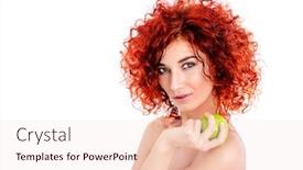  Presentation with cosmetics natural - Theme consisting of beauty natural cosmetics and hair concept beautiful young woman with bright red curly hair and healthy shiny skin holding a green apple white background background and a lemonade colored foreground