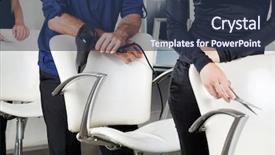  Presentation with hair salon scissors in black - Colorful presentation theme enhanced with beauty parlors - midsection of hairdressers with dryer backdrop and a tawny brown colored foreground