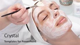 Presentation with beautician - PPT theme having beauty parlour - beautician applying cream by brush background and a  colored foreground