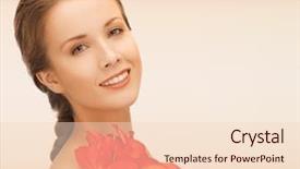  Presentation with pink beauty - PPT theme featuring beauty people and health concept - beautiful smiling young woman with flowers and bare shoulders over pink background background and a lemonade colored foreground