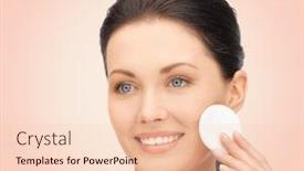  Presentation with skin health - Presentation having beauty people and health concept - beautiful smiling woman cleaning face skin with cotton pad over pink background background and a lemonade colored foreground