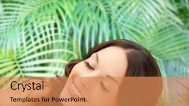  Presentation with green beauty - Presentation theme enhanced with beauty people and health concept - beautiful young woman lying with closed eyes over green palm leaves background background and a coral colored foreground