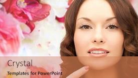  Presentation with pink beauty - PPT layouts consisting of beauty people and health concept - beautiful young woman pointing finger to her chin over pink floral background background and a coral colored foreground