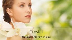  Presentation with beautiful orchid flowers - Presentation theme consisting of beauty people and health concept - beautiful young woman with orchid flowers and bare shoulders over green background background and a yellow colored foreground