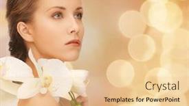  Presentation with beautiful orchid flowers - Presentation theme featuring beauty people and health concept - beautiful young woman with orchid flowers and bare shoulders over beige lights background background and a lemonade colored foreground