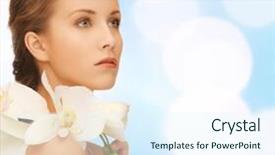  Presentation with beautiful orchid flowers - Cool new presentation with beauty people and health concept - beautiful young woman with orchid flowers and bare shoulders over blue lights background backdrop and a sky blue colored foreground