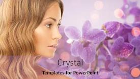  Presentation with beautiful orchid flowers - Slide deck enhanced with beauty people and health concept - beautiful young woman face over purple orchid flowers background background and a coral colored foreground