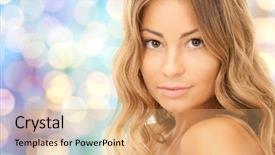  Presentation with blue lights - Beautiful theme featuring beauty people and health concept - beautiful young woman face over blue holidays lights background backdrop and a coral colored foreground