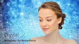  Presentation with blue lights - Slide deck enhanced with beauty people and health concept - smiling young woman face and shoulders over blue holidays lights or glitter background background and a light blue colored foreground