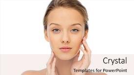  Presentation with health - Beautiful theme featuring beauty people and health concept - young woman with bare shoulders touching her face backdrop and a lemonade colored foreground