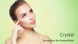  Presentation with green beauty - PPT theme featuring beauty people and health concept - beautiful young woman touching her face over green background background and a soft green colored foreground
