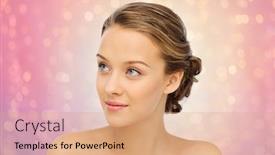 Presentation with serenity - PPT theme consisting of beauty people and health concept - smiling young woman face and shoulders over rose quartz and serenity lights background background and a coral colored foreground