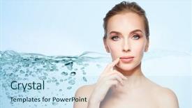  Presentation with plastic surgery - Cool new theme with beauty people and plastic surgery concept - beautiful young woman showing her lips over water splash bubbles on blue background backdrop and a sky blue colored foreground
