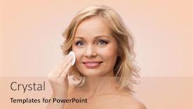  Presentation with skincare - Cool new PPT theme with beauty people and skincare concept - young woman cleaning face and removing make up with cotton pad over beige background backdrop and a coral colored foreground