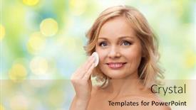  Presentation with green lights - Theme consisting of beauty people and skincare concept - young woman cleaning face and removing make up with cotton pad over green summer lights background background and a coral colored foreground