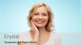  Presentation with skincare - Colorful slide deck enhanced with beauty people and skincare concept - smiling woman in white shirt touching face over blue background backdrop and a coral colored foreground