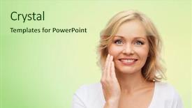 Presentation with skincare - Theme consisting of beauty people and skincare concept - smiling woman in white shirt touching face over green natural background background and a soft green colored foreground