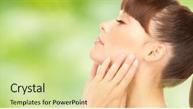  Presentation with green beauty - PPT theme with beauty people body care and health concept - beautiful young woman face over green natural background background and a soft green colored foreground