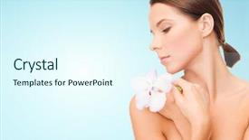  Presentation with blue flower - Slides enhanced with beauty people bodycare and health concept - beautiful young woman with orchid flower and bare shoulders over blue background background and a cool aqua colored foreground