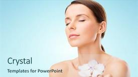  Presentation with blue flower - PPT layouts with beauty people bodycare and health concept - beautiful young woman with orchid flower and bare shoulders over blue background background and a cool aqua colored foreground