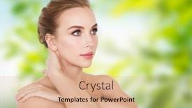  Presentation with green beauty - Audience pleasing slide deck consisting of beauty people eco and bodycare concept -beautiful young woman face and hands over green natural background backdrop and a coral colored foreground